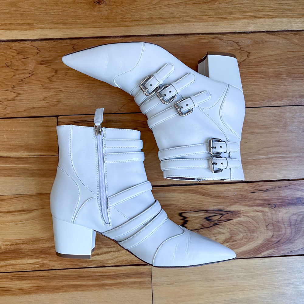 Tabitha Simmons Christy White Leather Buckle Ankle Booties Block Heel 9B Italy